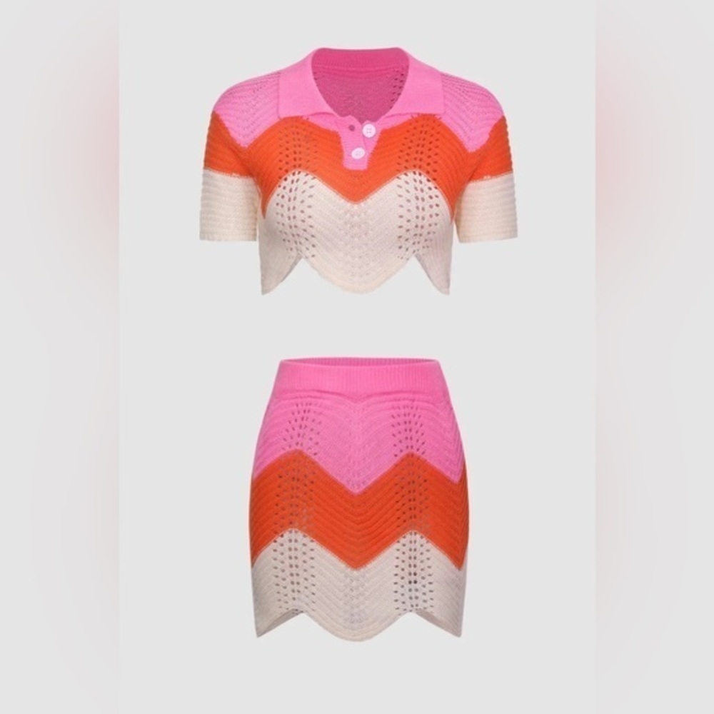 NEW Gradient Wave Hollow Cropped Sweater and Mini Skirt Pink Orange Cream Small